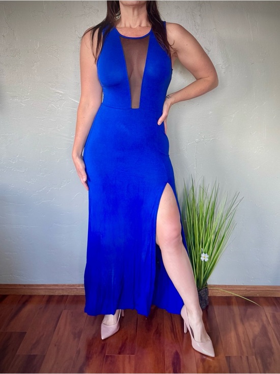 Forever 21 Dresses & Skirts - Forever 21 Royal Blue Maxi Dress w/Sheer Mesh Plunge, Side Slits, & Sheer Back